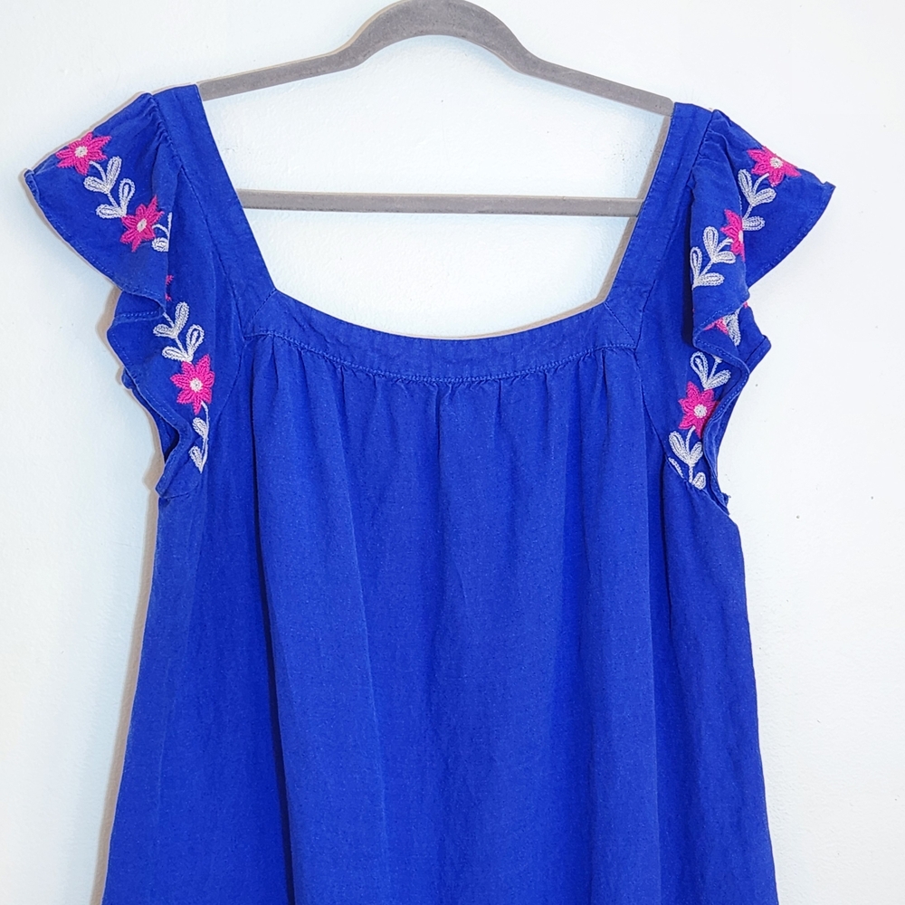 LOFT Blue Embroidered Boho Mini Dress Size Large - Picture 2 of 9